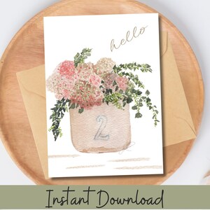 Carte Bonjour rustique hortensias aquarelles imprimables dans Crock Country Floral salutation numérique juste parce que carte pour toute occasion