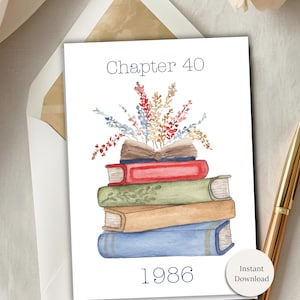 Biglietto d'auguri digitale per il 40° compleanno, libro a tema, celebrazione, traguardo, stampabile, disegno floreale ad acquerello, regalo letterario