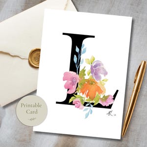 Floral Monogram Letter L Card Watercolor Initial Personalized Birthday Card Printable Flower Stationery Digital Download Folded Note