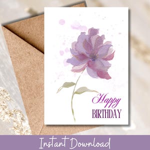 モダンな紫色の花柄の誕生日カード。ミニマルな魅力を備えた水彩画のグリーティングカードで、友達に思いやりのあるメッセージを送りましょう。