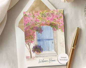 Tarjeta imprimible para nuevo hogar con diseño floral en acuarela. Felicitaciones por la puerta. Idea de regalo para nuevos propietarios. Saludo de inauguración. Descarga digital. Papelería.