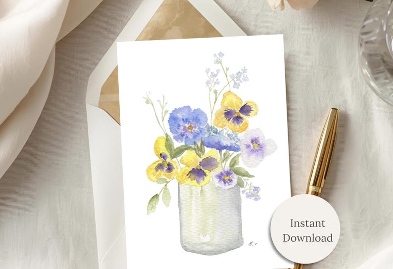 Printable Thinking of You Card Pansy Bouquet Notecard Watercolor Floral ...