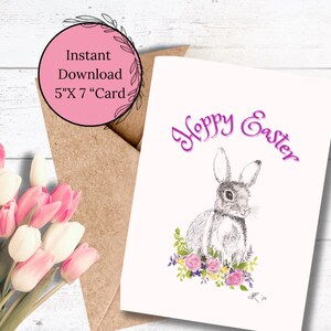 Tarjeta de conejito de Pascua con acuarela y tinta. Diseño floral primaveral. Ideal para enviar deseos de Pascua.
