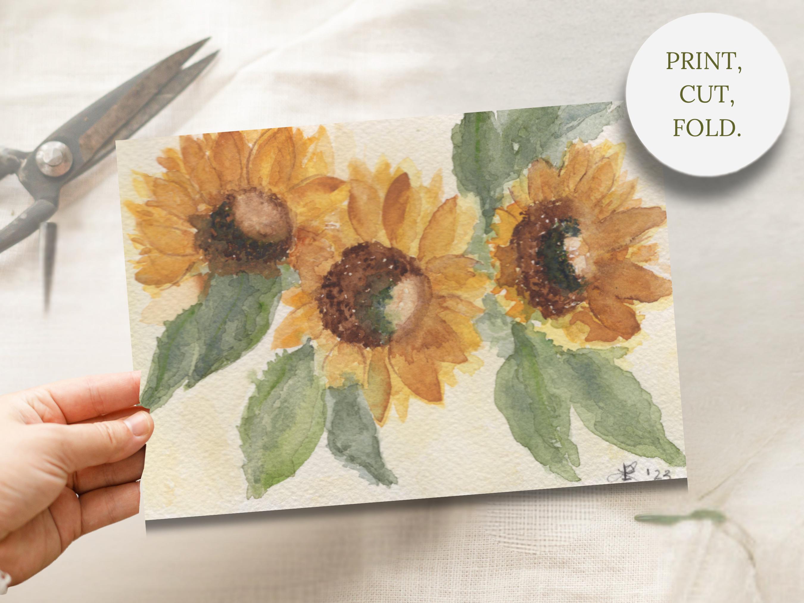 Watercolor Sunflowers Greeting Card Printable Blank Note Card 7 X 5 ...