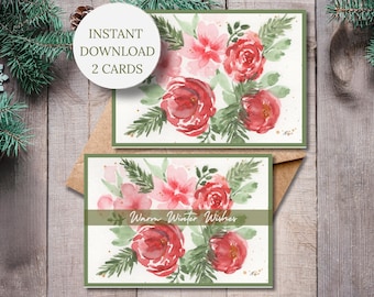 Modello di biglietto di auguri natalizio stampabile con auguri invernali, disegno ad acquerello, illustrazione floreale di rose rosse