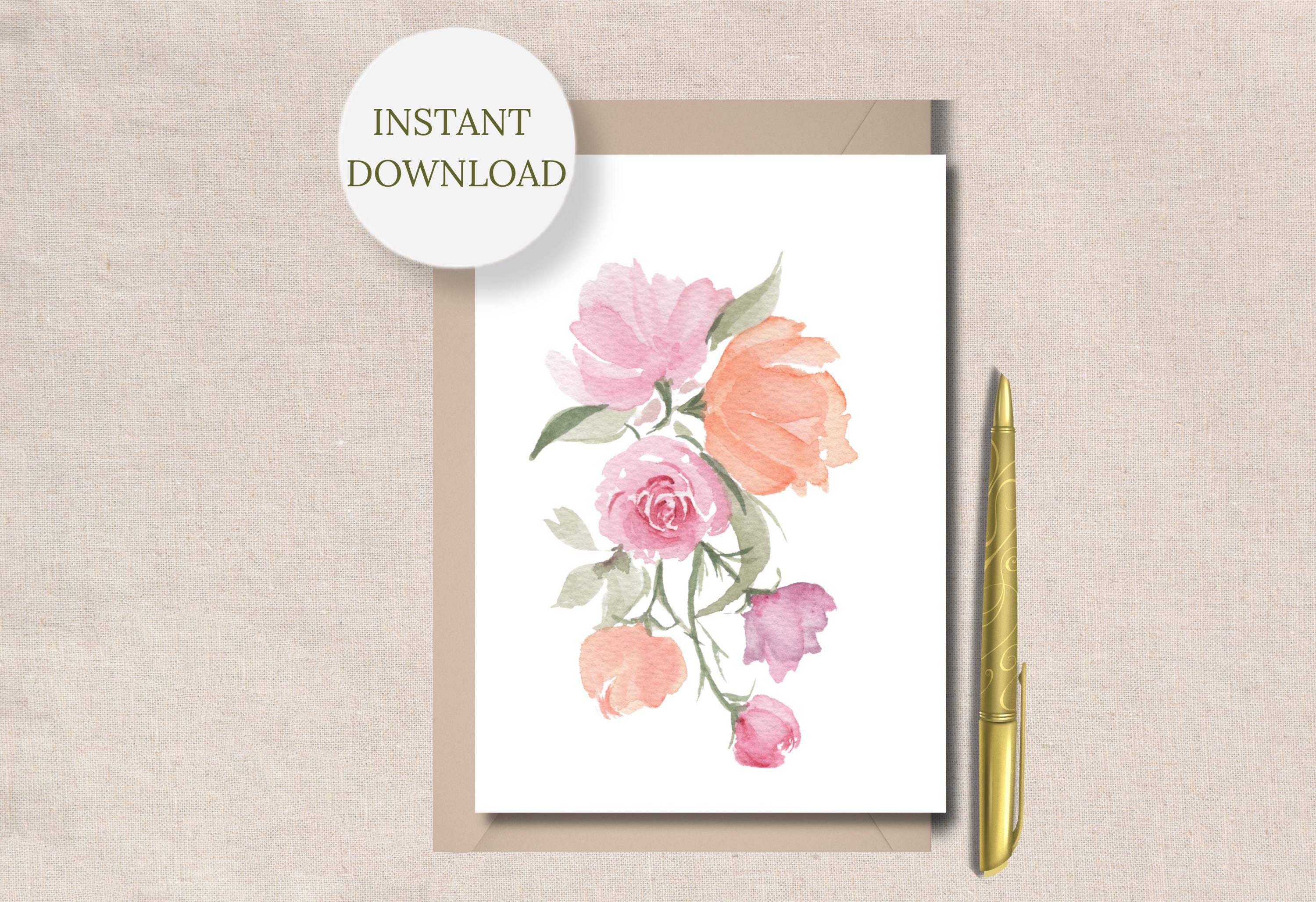 Watercolor Flower Blank Note Card Printable Pastel Floral All Occasion ...