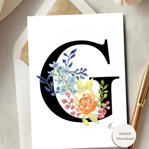 Floral Monogram Greeting Card “G” | Printable 5x7 | Watercolor Initial