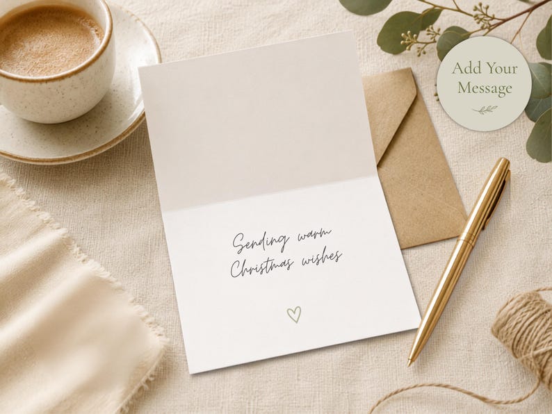 Pu&ograve; includere: Un biglietto d'auguri bianco aperto con il testo stampato in nero Sending warm Christmas wishes e una piccola icona a forma di cuore in basso. Il biglietto &egrave; posizionato accanto a una busta marrone, una penna dorata e caff&egrave; su tessuto chiaro.