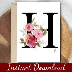 Vintage stijl wenskaart monogram H – afdrukbare letter H met antieke roos aquarel ontwerp, elegante notitiekaart en cadeau voor elke gelegenheid