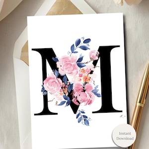 Floral Monogram Letter M Card Watercolor Initial Personalized Birthday Card Printable Flower Stationery Digital Download Folded Note