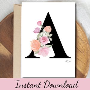 Carte imprimable monogramme lettre A avec fleurs roses et oranges aquarelle initiale florale noire ou art téléchargement immédiat cadeau pour elle