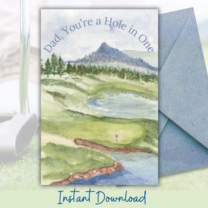 Cartão de golfe em aquarela para impressão para o pai Cartão de aniversário para ele Cartão para o pai amante do golfe Você é um buraco em um Cartão de dia dos pais