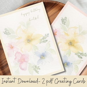 Printable Pastel Watercolor Card Bundle Happy Birthday Beautiful Card  & Blank Floral Stationery Set of 2 Digital Greeting Cards for Her