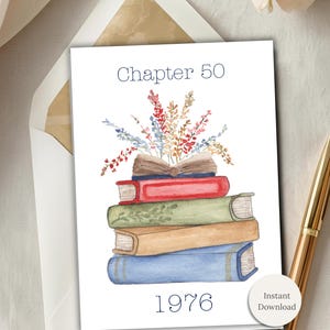 Libro de tarjetas digitales para 50 cumpleaños, temática de celebración, hito, imprimible, diseño floral de acuarela, regalo literario