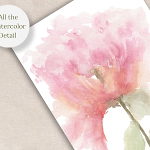 Watercolor painting of a pink flower with green leaves and stem. The artwork is on white paper, with the text "All the Watercolor Detail" in a circle in the upper left corner. The flower has soft, blended colors.