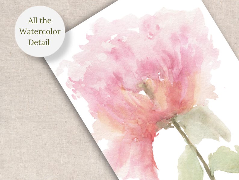 Watercolor painting of a pink flower with green leaves and stem. The artwork is on white paper, with the text "All the Watercolor Detail" in a circle in the upper left corner. The flower has soft, blended colors.