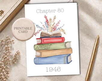 Digitale verjaardagskaart voor de 80e verjaardag met boekthema, feestelijke mijlpaal, printbaar, aquarel bloemenontwerp, literair cadeau