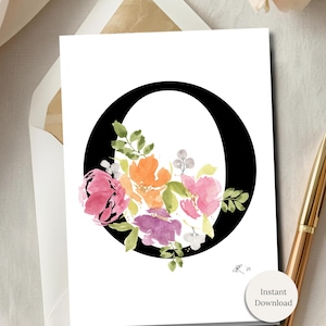 Floral Monogram Greeting Card “O” | Printable 5x7 | Watercolor Initial