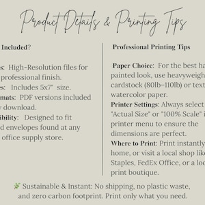 May include: A beige graphic with the text "Product Details & Printing Tips." The text details what is included, such as high-resolution files, a 5x7" size, and PDF formats. It also provides professional printing tips for paper choice and printer settings.