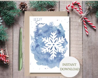 Printable Winter Wonderland Watercolor Christmas Card for Friends Snowflake Notecard Holiday StationeryGreeting