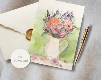 Carte de bouquet de fleurs aquarelle imprimable Papeterie d'art floral d'anniversaire d'anniversaire juste parce que carte de correspondance 5 x 7 en téléchargement immédiat