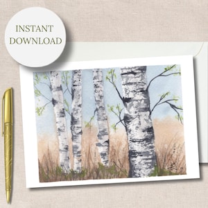 Printable Birch Tree Note Card Watercolor Spring Forest Art Stationery PDF Download 7x5
