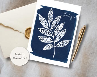 Biglietto di ringraziamento botanico stampabile con cianotipia: silhouette di foglia blu indaco e bianca, tema natura, regalo di apprezzamento, download.