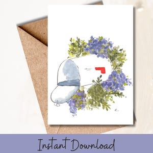 Biglietto d'auguri stampabile con cassetta postale acquerellata e delicati fiori blu, augurio digitale per pensare alla tua amicizia o semplicemente perché