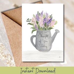 Aquarelle florale imprimable carte pensée à vous aujourd'hui voeux avec arrosoir rustique bouquet de fleurs sauvages pour l'encouragement ou l'amitié