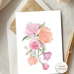 Watercolor Flower Blank Note Card Printable Pastel Floral All Occasion Stationery Digital Design