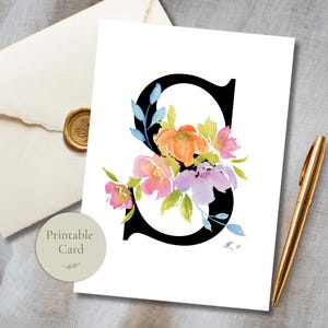Printable Floral Monogram Letter S Note Card Watercolor Initial Stationery Birthday Anniversary Just Because Instant Download