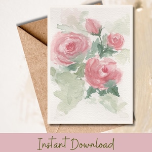 Cartão de rosas aquarela vintage para impressão, saudação floral chique e surrada para aniversário, aniversário, simpatia ou apenas porque arte romântica de rosas rosa