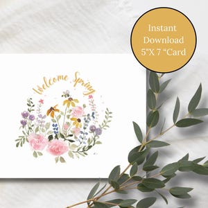 Je pense à vous, carte de voeux florale, carte de correspondance vierge aquarelle imprimable, bienvenue au printemps, jardin de fleurs avec abeille