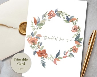 Druckbare Dankeskarte mit Aquarell-Blumenkranz – Grußbotschaft und Wertschätzung – Herbstliches Briefpapier – Sofort-Download