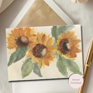 Printable Thinking of You Card Watercolor Sunflowers Blank Notecard for a Friend Digital Download
