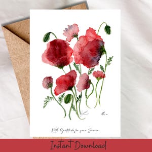 Carte imprimable patriotique coquelicots aquarelle vétéran merci enrôlement militaire vétéran retraite commémoratif ou gratitude le jour du Souvenir