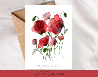 Afdrukbare patriottische aquarel klaprozen kaart veteraan bedankt militaire dienst veteraan pensioen Memorial of Remembrance Day dankbaarheid