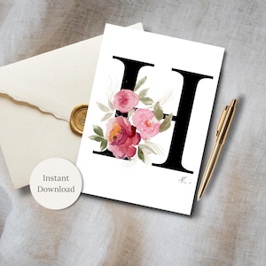 Tarjeta con monograma floral letra H en acuarela, inicial personalizada, tarjeta de cumpleaños, papelería floral imprimible, descarga digital, nota plegada