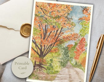 Biglietto di auguri autunnale stampabile con acquerello, paesaggio autunnale, vuoto, per ogni occasione, tema botanico, download immediato.