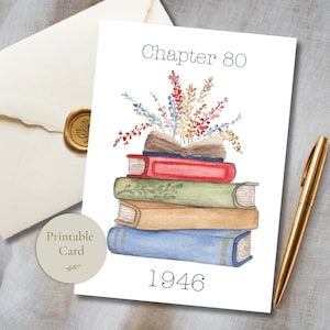 Digital 80th Birthday Card Book Themed Celebration Milestone Printable Watercolor Flower Design Literary Gift