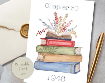 Digital 80th Birthday Card Book Themed Celebration Milestone Printable Watercolor Flower Design Literary Gift