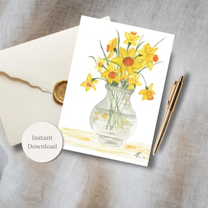 May include: A watercolour greeting card showing a vase of yellow daffodils. A gold pen and a cream envelope with a gold wax seal are also present. A white circle with the words "Instant Download" is in the lower left corner of the image.