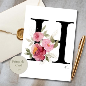 Biglietto con monogramma floreale e lettera H, iniziale ad acquerello, biglietto di compleanno personalizzato, stampabile, carta da lettere floreale, download digitale, biglietto pieghevole