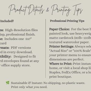Pu&ograve; includere: Un grafico informativo intitolato Product Details & Printing Tips su sfondo beige chiaro. Elenca le specifiche dei file, inclusa una carta piegata da 5x7 pollici, formati PDF e consigli di stampa su cartoncino opaco o carta per acquerello.