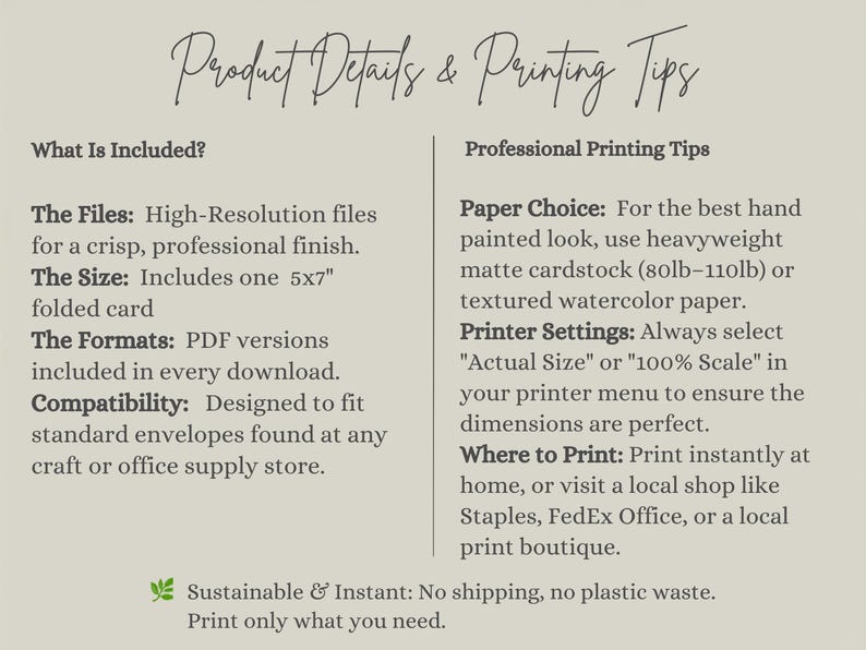 Pu&ograve; includere: Un grafico informativo intitolato Product Details & Printing Tips su sfondo beige chiaro. Elenca le specifiche dei file, inclusa una carta piegata da 5x7 pollici, formati PDF e consigli di stampa su cartoncino opaco o carta per acquerello.