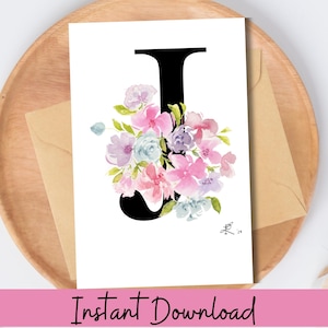 Afdrukbare monogram J Card aquarel bloemen Letter J Art 5 x 7 digitale eerste kaart Instant Download briefpapier botanische wanddecoratie