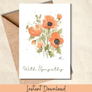 Carte de condoléances florale à motif coquelicot aquarelle à imprimer pour la perte, le deuil, le deuil Carte de correspondance à téléchargement immédiat