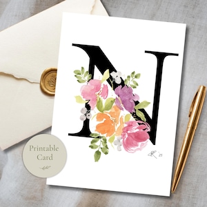 Biglietto con monogramma floreale e lettera N, iniziale ad acquerello, biglietto di compleanno personalizzato, stampabile, carta da lettere floreale, download digitale, biglietto pieghevole