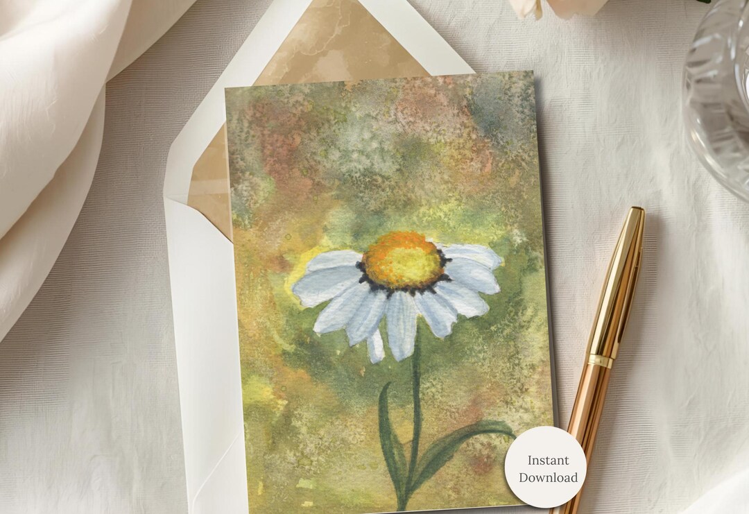 Printable Watercolor Daisy Note Card Floral Art Stationery Birthday ...
