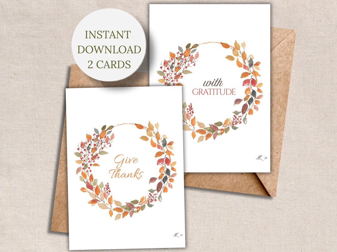 Harvest Wreath Card Set Printable Watercolor Thanksgiving Hostess Thank ...
